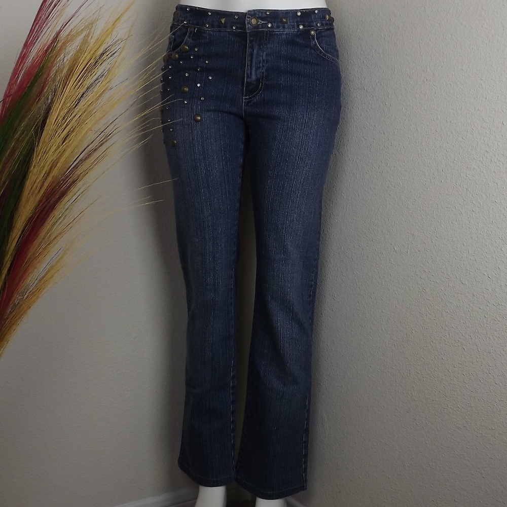 Medium Wash Blue Denim Jeans with Brass Detailing